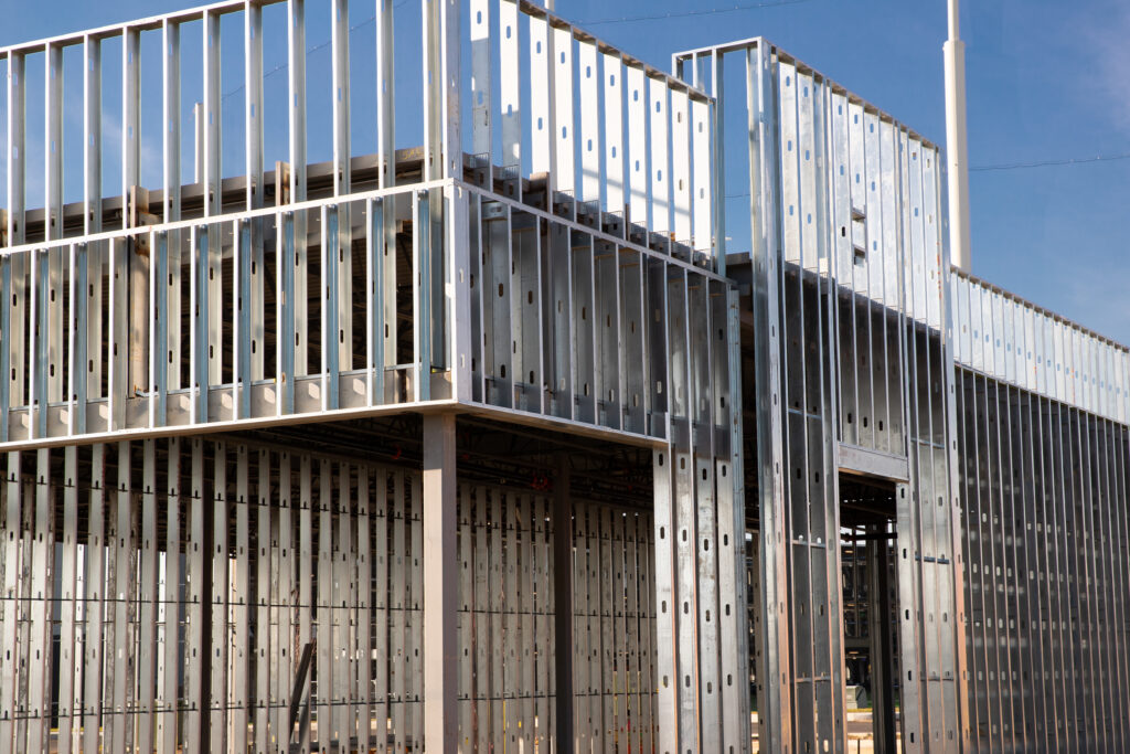 in the construction site, steel structure is under construction