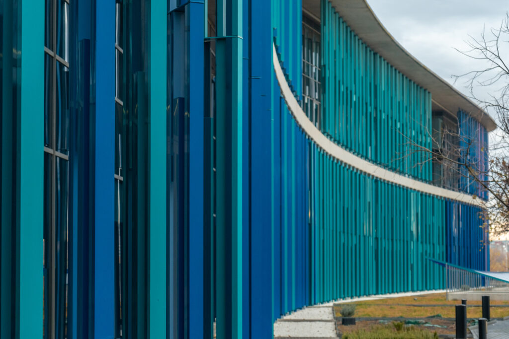 Detail of textures in the green and blue buildings at the International Exposition in the city of Zaragoza, expo 2008, next to the Ebro river in Aragon. Spain